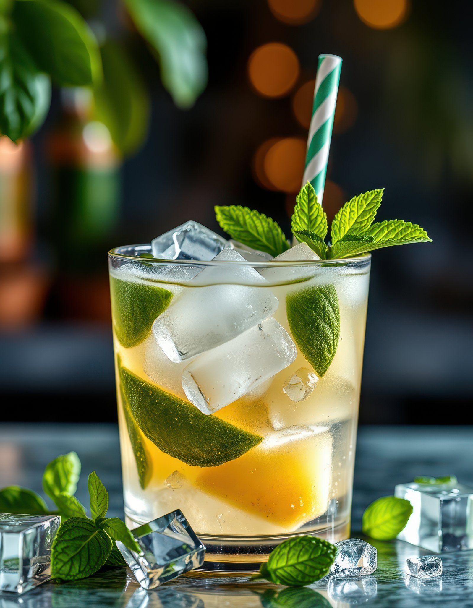 Refreshing cocktail with mint and lime served in a glass with ice at a bar during the evening